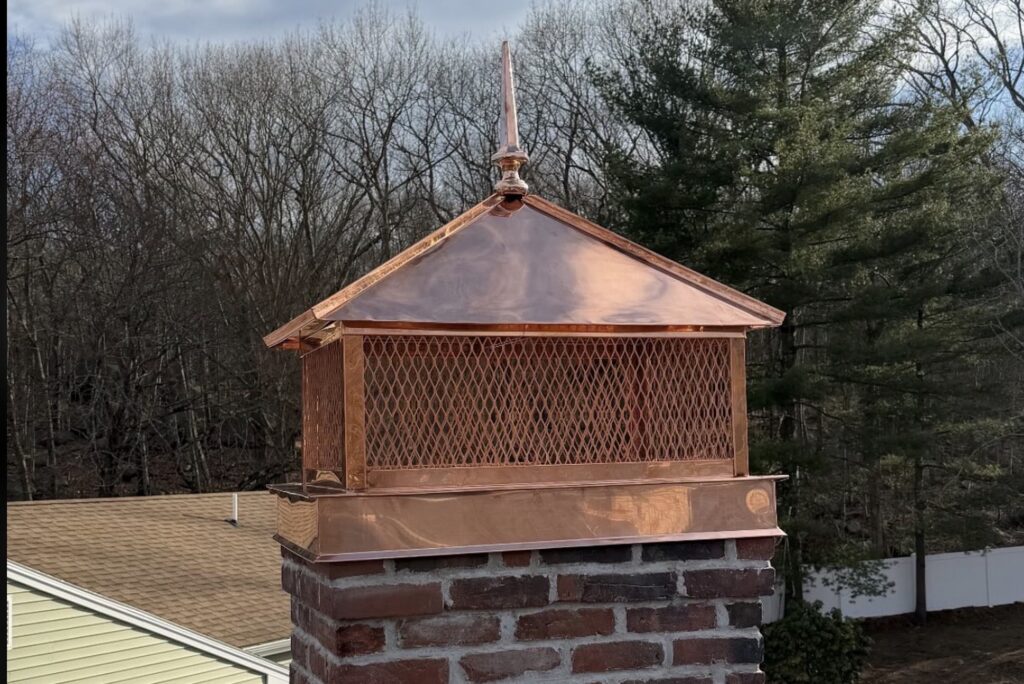 Custom Copper Chimney Cap Spire Finial Diamond Mesh fabricated and installed by Paul John and Son Roofing