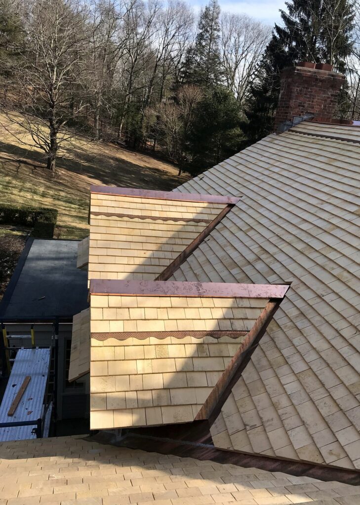 Cedar shake roof copper flashing accents ma